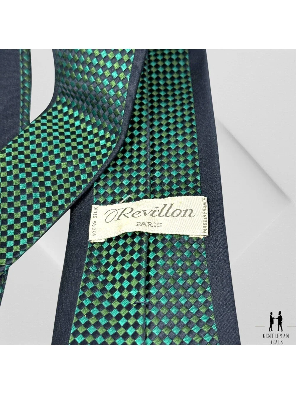 Revillon Paris Neck Tie Necktie Silk blue Green Woven Basket Weave 57x3.1/4